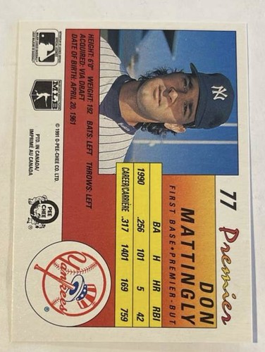 1991 O-Pee-Chee Premier #77 Don Mattingly - Yankees de Nueva York - Imagen 2 de 2
