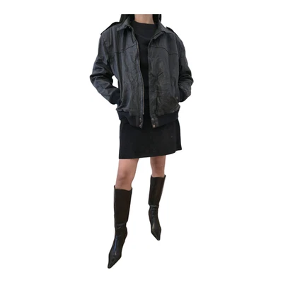 Vintage Leder Bomberjacke Schwarz Oversized S/M | Echtleder • Gestreiftes Futter - Bild 1 von 4