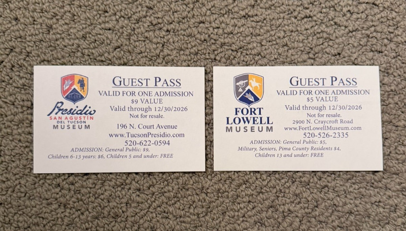 Tucson Presidio Museum or Fort Lowell Museum 2 TICKETS - EXPIRES DEC 30, 2026