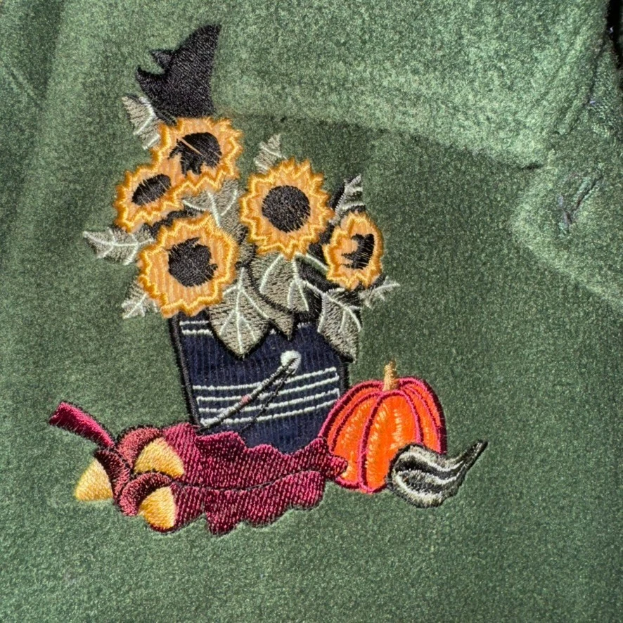 Quacker Factory Appliqued Fleece green Fall Jacket womens Large pumpkin straw - Image 3 of 4