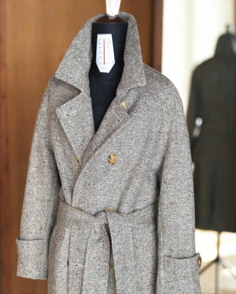 Herringbone Men Tweed Overcoat Trench Coat with Belt Double Breasted Long Coat - Image 3 of 4