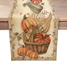 Fall Harvest Pumpkins Table Runner, Vintage Autumn Thanksgiving 13X72, Brown