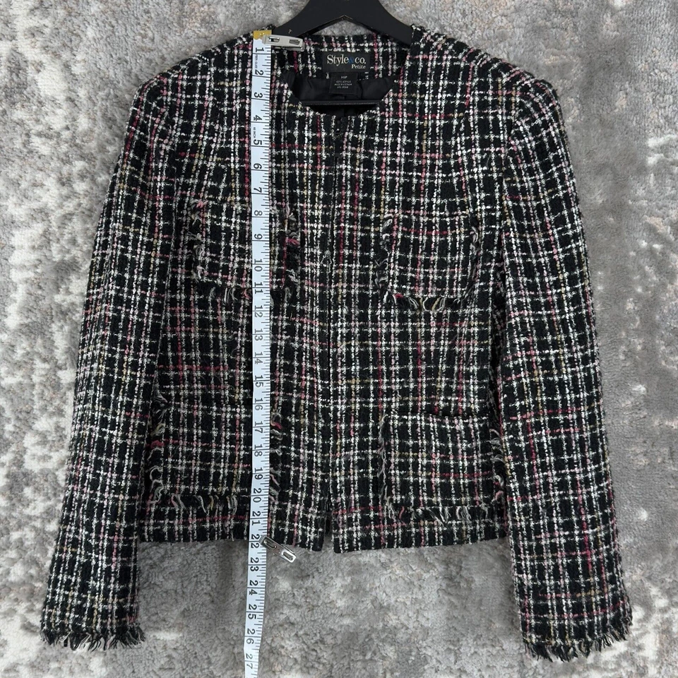 Chaqueta Style & Co Petites Talla 14P Flecos Manga Larga Cremallera 2 Vías Negro Rosa Foto 2 de 4