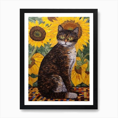 Sonnenblume mit Katze2 Jugendstil K gerahmtes Wandbild Poster Leinwanddruck Bild