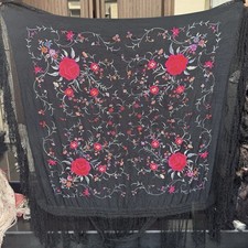 Antique Chinese Hand Embroidery Pure Silk Piano Shawl 135 X 135 Fringe 50 Cm