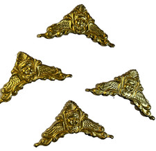 Set of 4 Vintage Cherub Furniture Appliques Gilded Steel Rococo Mounts 2.75”