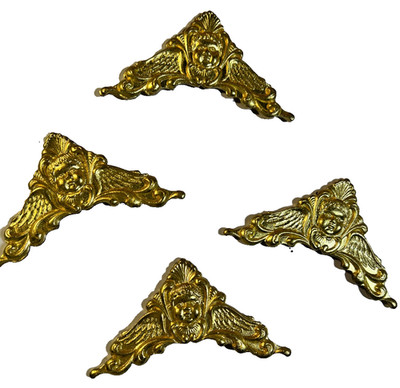 Set of 4 Vintage Cherub Furniture Appliques Gilded Steel Rococo Mounts 2.75 