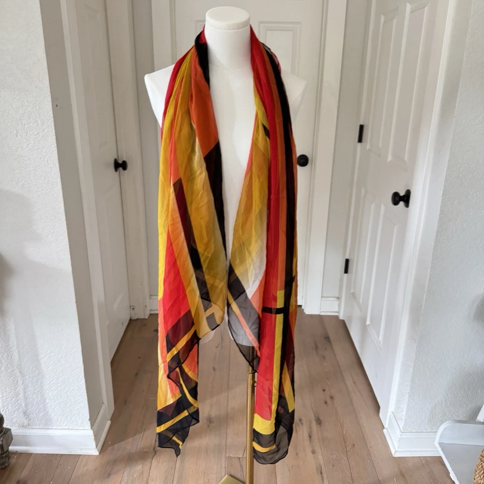 Bufanda Grande Vintage 100% Seda Gasa MCM Retro Naranja Amarillo Negro Rayas Mod Foto 3 de 4