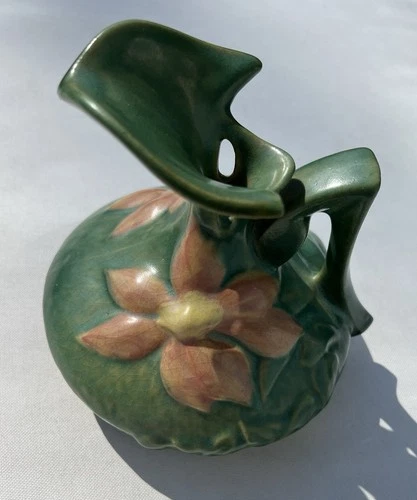 Roseville Blue Green Clematis Pitcher Ewer Number 16-6" Vintage USA