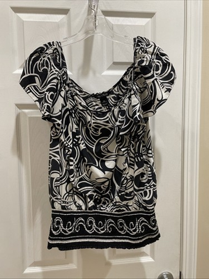 #ad White House Black Market Sz XL Sleeveless SilkTop Blouse black white Square Neck $23.19