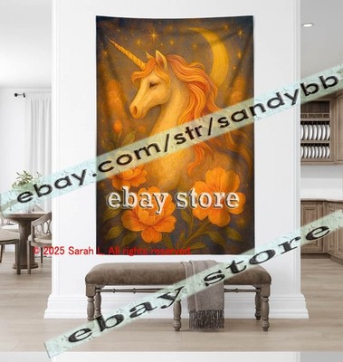 Warm Glow Unicorn Floral Tapestry magic window curtain decoration 59X82 in