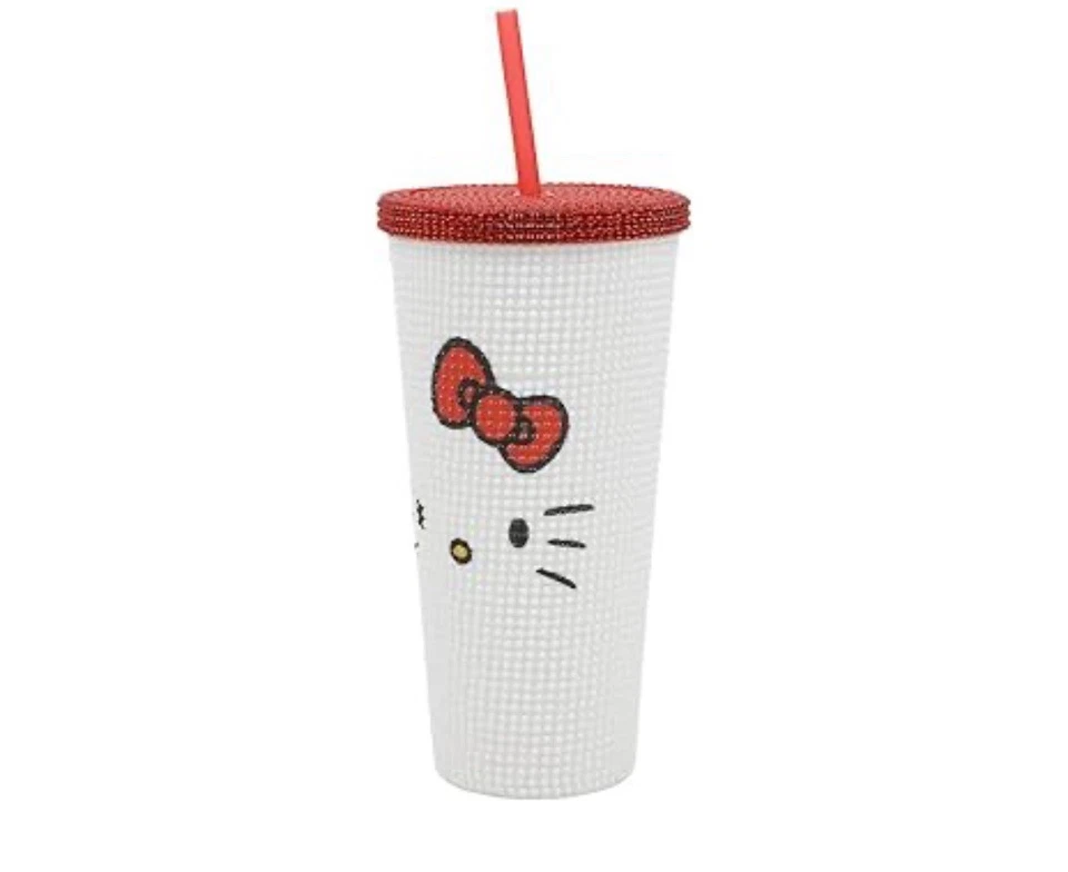 Vaso de plástico Bioworld Hello Kitty Big Face 20 OZ blanco con estrás tachonado Foto 4 de 4