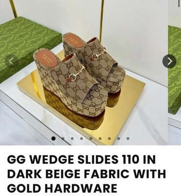 Gucci Wedge Slides, size 7, in Dark Beige Fabric with Gold Hardware