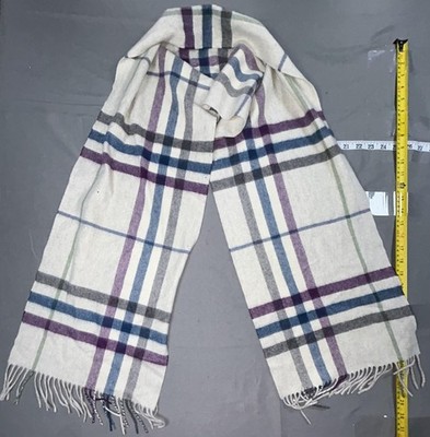 Burberry Scarf Womens One Size White Plaid 100% Cashmere Fringe Made Scotland