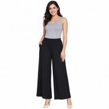 Women's Plain Wide Leg Palazzo Trousers Flared Baggy Casual Pants Size 16-26