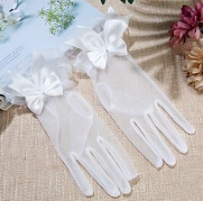 AU Women Formal Retro Party Ball Wedding Bride White Sheer Lace Bow Short Gloves