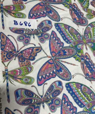 Contempo s Blooming Denium Butterflies On White Cotton Quilt Fabric Half Yard