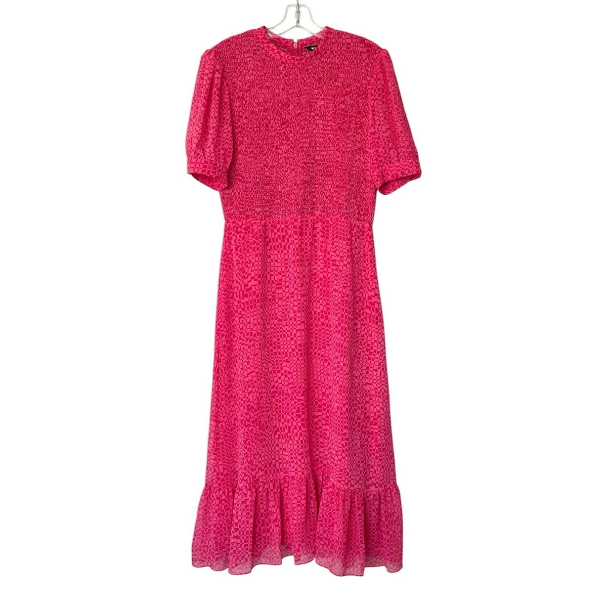 Whistles Pink Multi Shirred Checkerboard Midi Dress Size 8