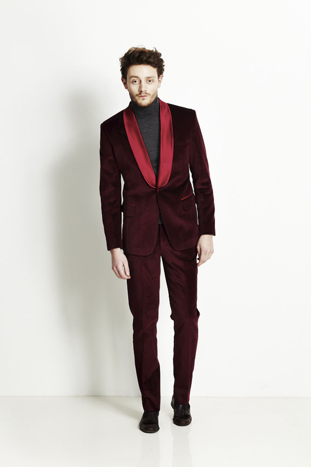 Hombre Terciopelo Abrigo Traje de Diseño Boda Novios Esmoquin Informal Burdeos