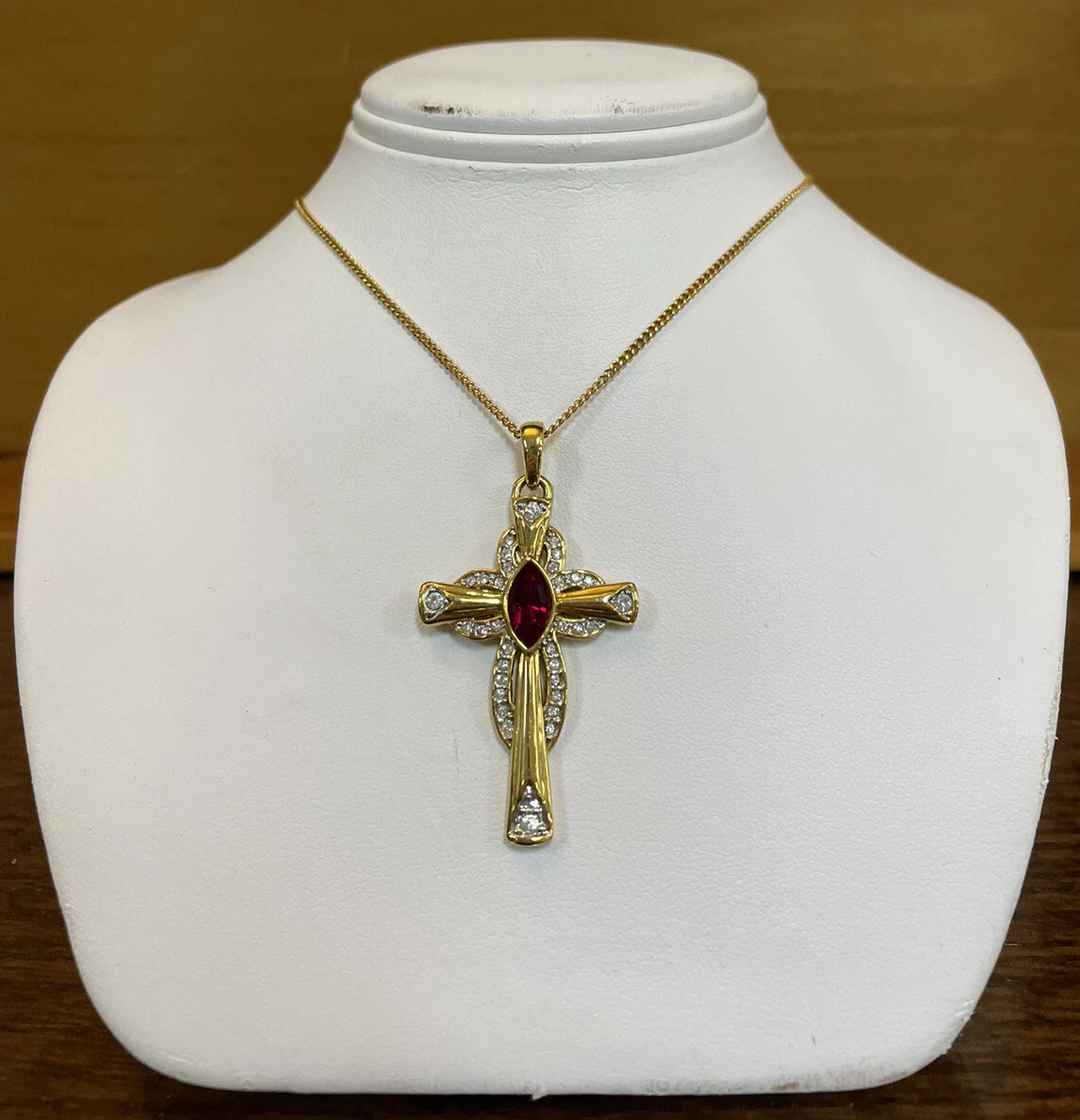 JBK Jaqueline Kennedy Camrose Kross Cross Necklace Gold Color Ruby Rhinestone