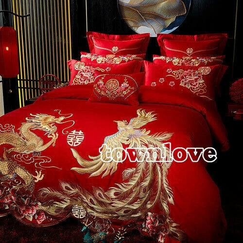 100% Cotton Red Chinese Wedding Bedding Set Luxury Gold Embroidery Queen King - Image 2 of 4