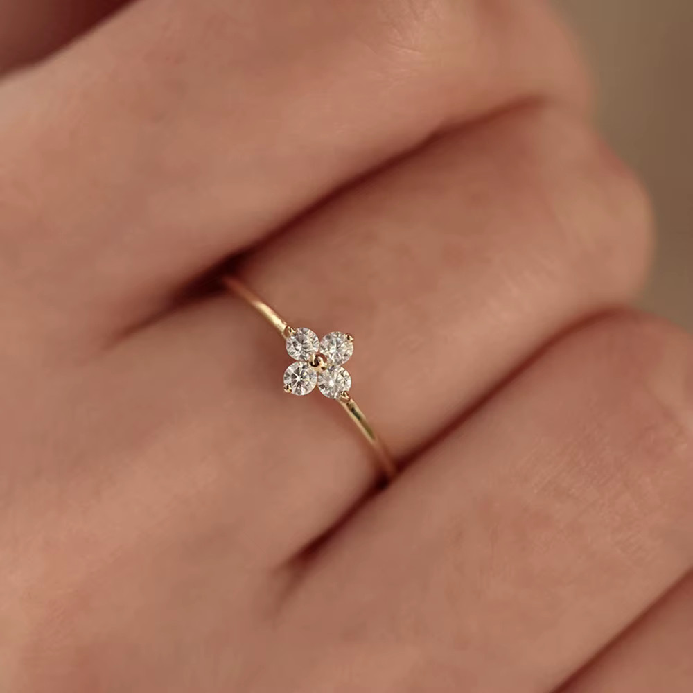14k Solid Gold 4 Diamond Dainty Ring, Minimalist Lab Grown Diamond Ring for Her