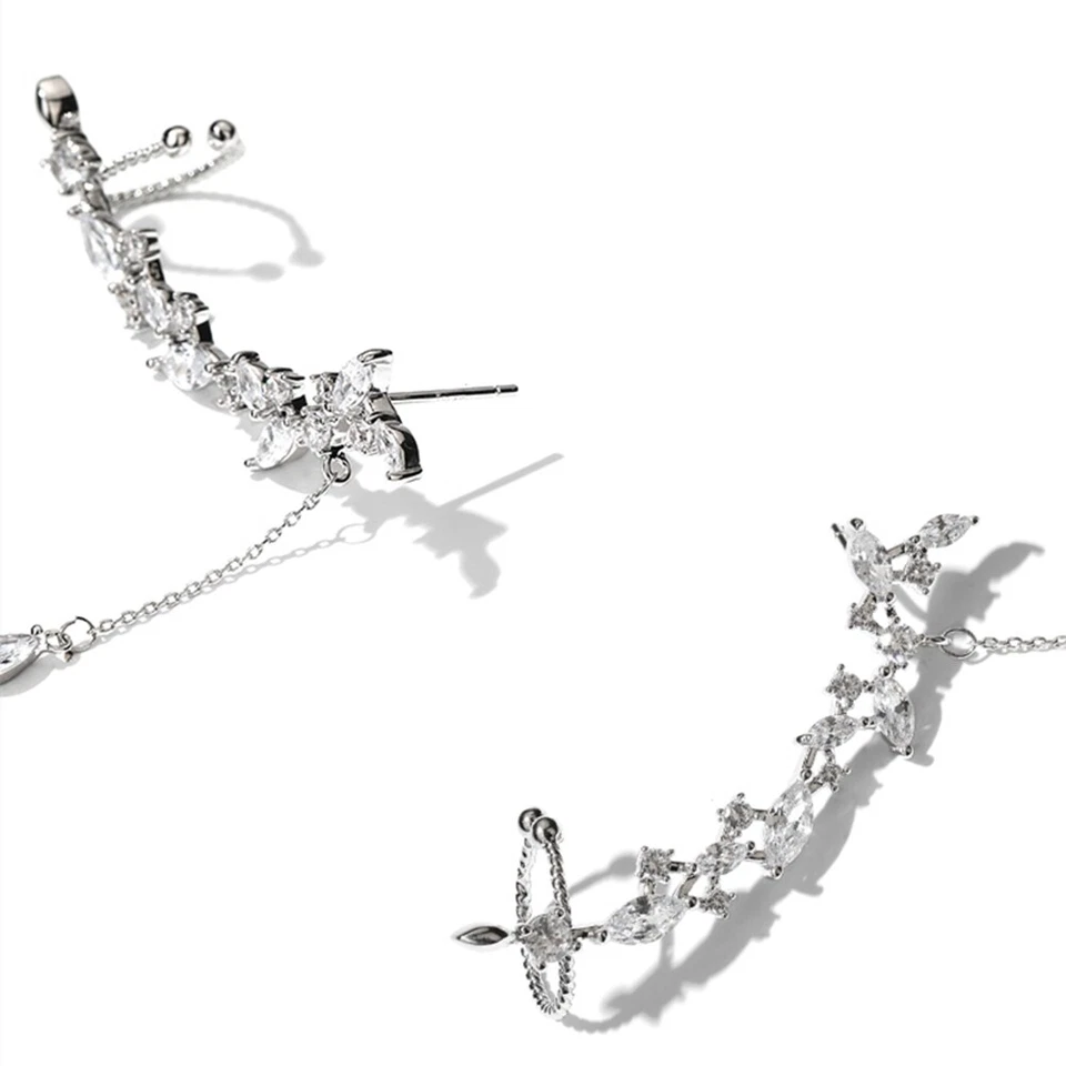 Sterling Silver Large CZ Leaf Wing Feather Cuff Crawler Climber Earrings — 第 2/4 张图片