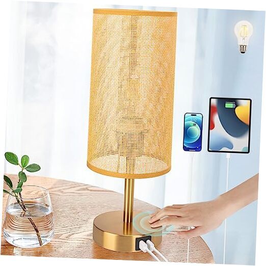 Bedside Lamp with USB Port - Touch Control Table Lamp for Bedroom Wood 3 Net
