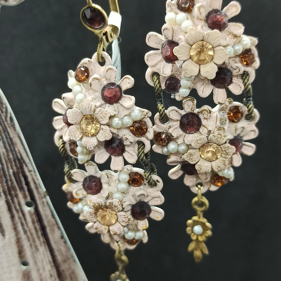 Michal Negrin Earrings Long Champagne Flowers With Crystals and Pearls New Gift - Image 2 of 4