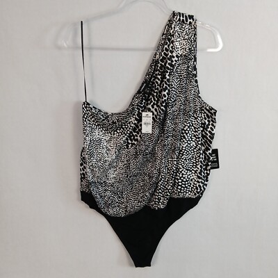 Express Women's Satin One Shoulder Bodysuit Size XL Black White Animal Print NWT