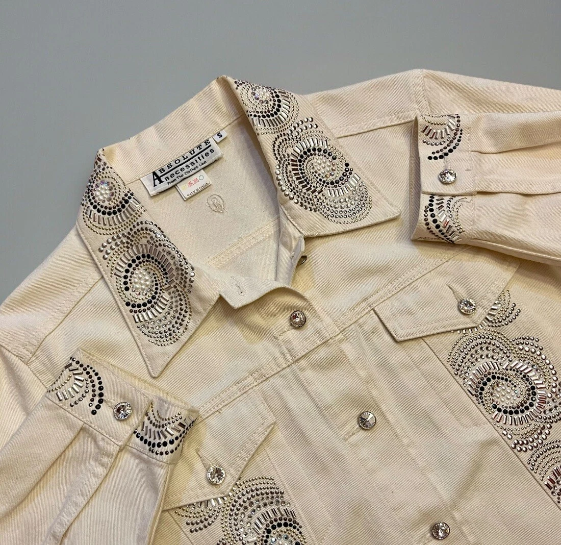 OFF WHITE Giacca donna vintage piccola denim bianco sporco strass impreziosita rodeo equitazione