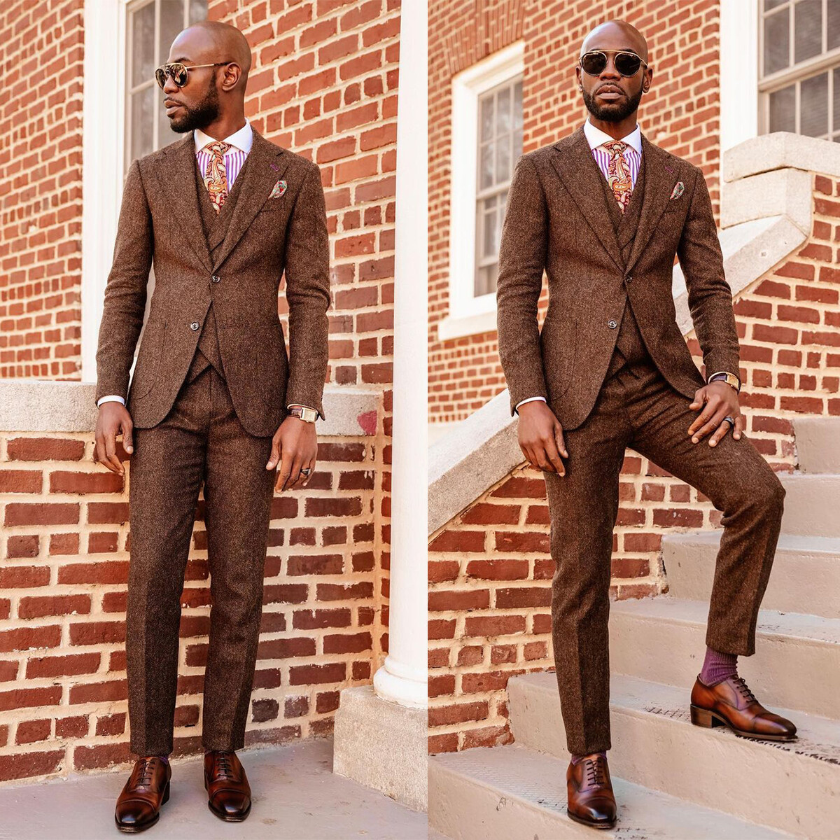 Autumn Winter Mens Coffee Herringbone Tweed Suits 3 Pieces Slim