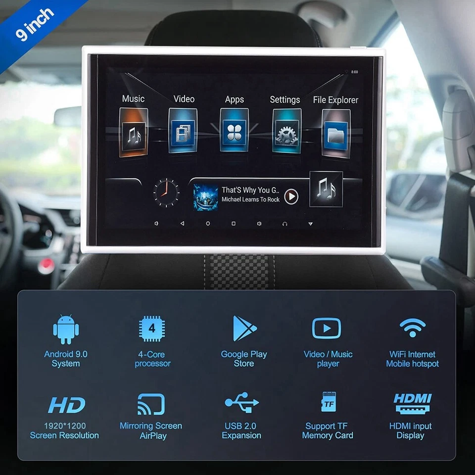 9"" Android 9.0 Reposacabezas Monitor Reproductor de Video para Coche TV Pantalla Táctil WiFi//USB Foto 2 de 4