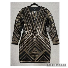 Express M Sequin Dress Cocktail Bodycon Geometric Black Gold Art Deco Bling