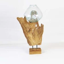 Bali Molten Glass on Teak Wood Base Vase MM040A1