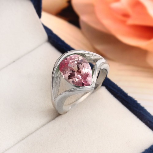 Anillo fino Padparadscha zafiro corte pera plata 925 hecho a mano aniversario 11x9 mm - Imagen 4 de 5