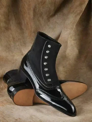 Handmade Two Tone Black Suede Button High Ankle Wingtip Leather Boots For Men