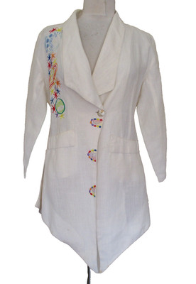 Vintage Women s Cream Linen Jacket Multicolor Outer Space Embroidery S