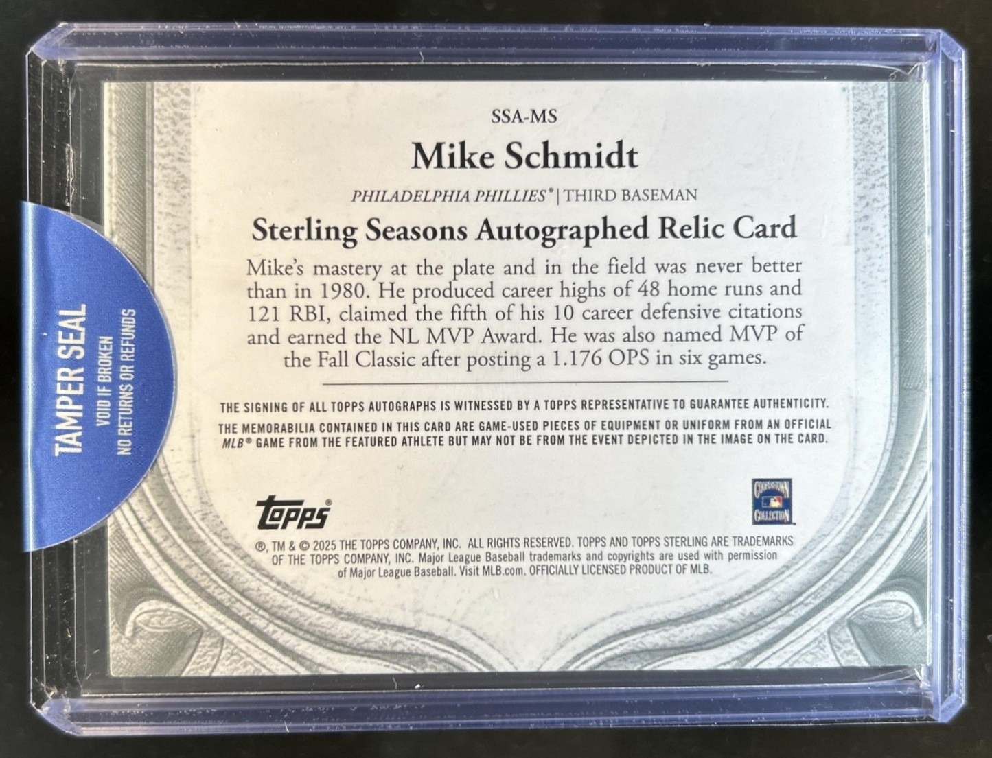 2025 Topps Sterling Mike Schmidt Seasons Auto Relics Five Bat Jersey Silver #1/1 view 2