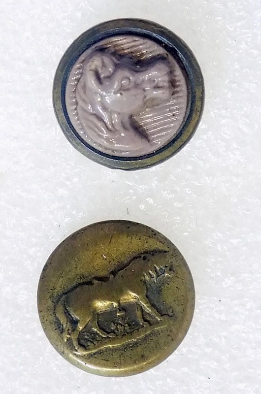 (2) Antique Horse Buttons Tin Back with Celluloid Face 5/8" Dia Saddled Horse