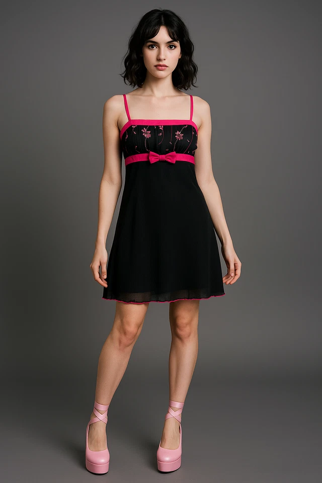 Mini vestido vintage anos 90 Y2K preto transparente babydoll arco bordado floral caprichoso - Imagem 2 de 4