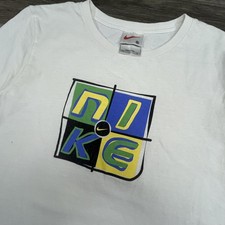 Vintage Nike Shirt Youth XL White Color Block Logo Graphic Retro Made In USA 90s