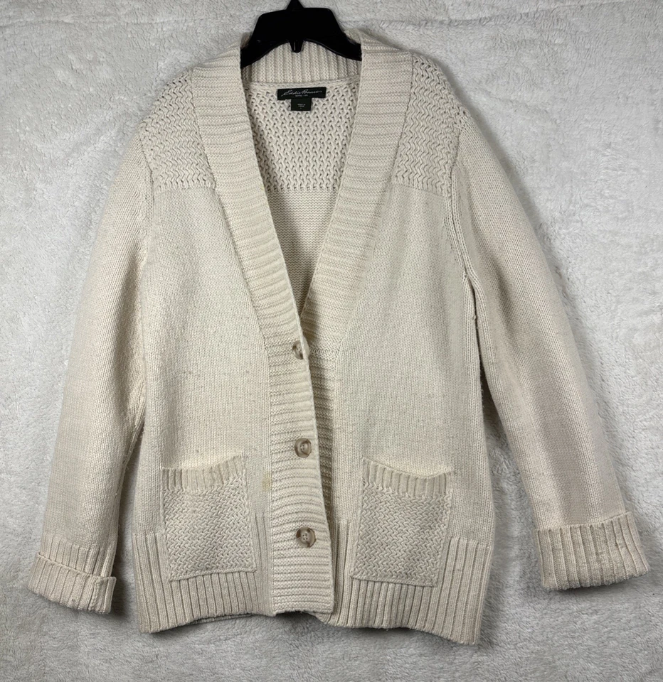Eddie Bauer Button Up Cardigan W/Pockets Cream Color Large - Image 4 of 4