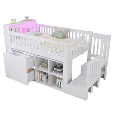 Kids Mid-Sleeper Loft Bed 90x190cm with Storage, LED, 2 Drawers & Wooden Frame