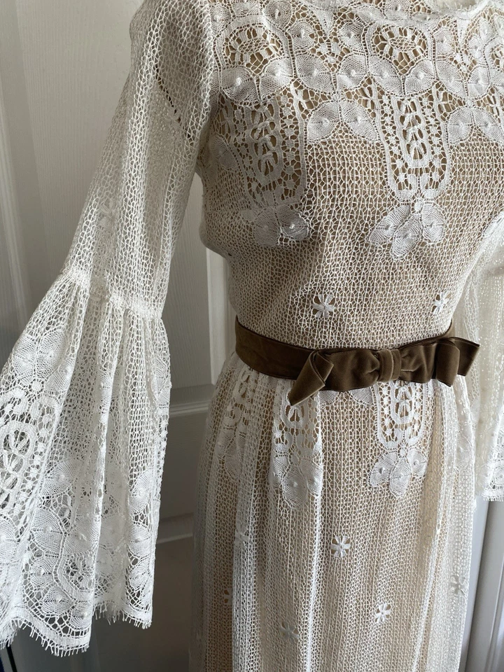 Vtg Handmade Lace White Lined Maxi Attached Belt Bow Dress Bell Sleeve Boho - Image 2 of 4