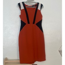 CLN Womens Rust Orange Geometric Colorblock Sheath Dress V-Neck Size S