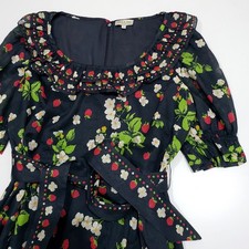 BEULAH LONDON Edith Strawberry Print Dress Short Sleeve Cotton Poplin Belt M-L