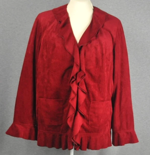 Rafael Womans Faux Suede Ruffle Blazer Size 1X Burgundy Padded Shoulders - Image 2 of 4