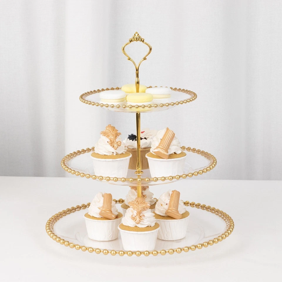 Clear Gold 3-Tier 14" Round Plastic Cupcake Tower Stand Beaded Rim Party Events - Image 2 of 4