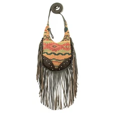 American West Womens Fringed Cowgirl Woven Tapestry Leather Crossbody Bag OS